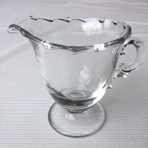 Clear Glass Creamer Pitcher Syrup Sauce Ruffled Rim Edge Ornate Handle Pedestal